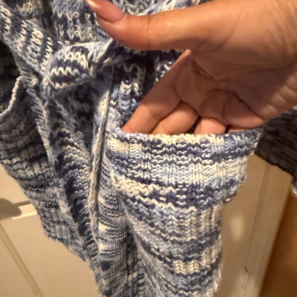 STAUD Blue and White Heavy Knit Sweater Sz XS pockets tie belt - Picture 5 of 9